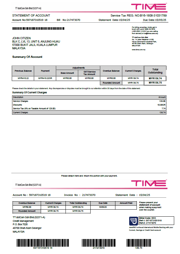 Malaysia Time utility bill template in Word and PDF formats